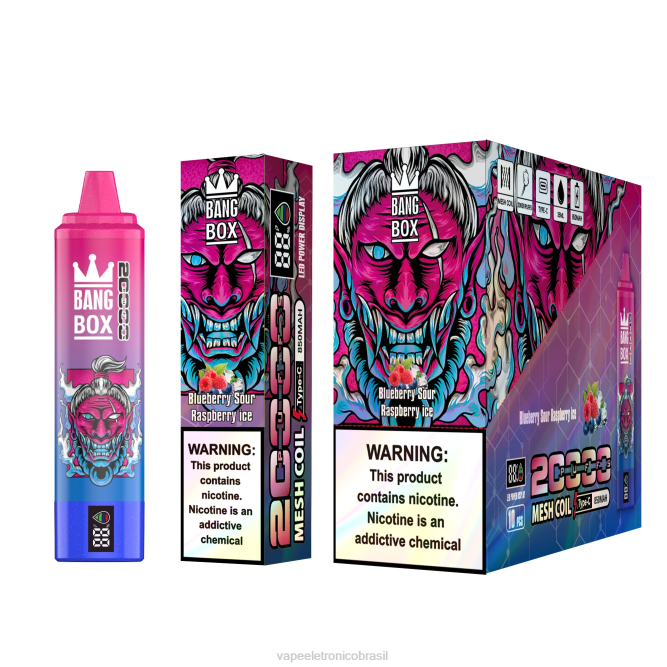 Bang Box Tela inteligente de 20.000 baforadas gelo de framboesa azeda de mirtilo 226X055 - Vape Sem Nicotina